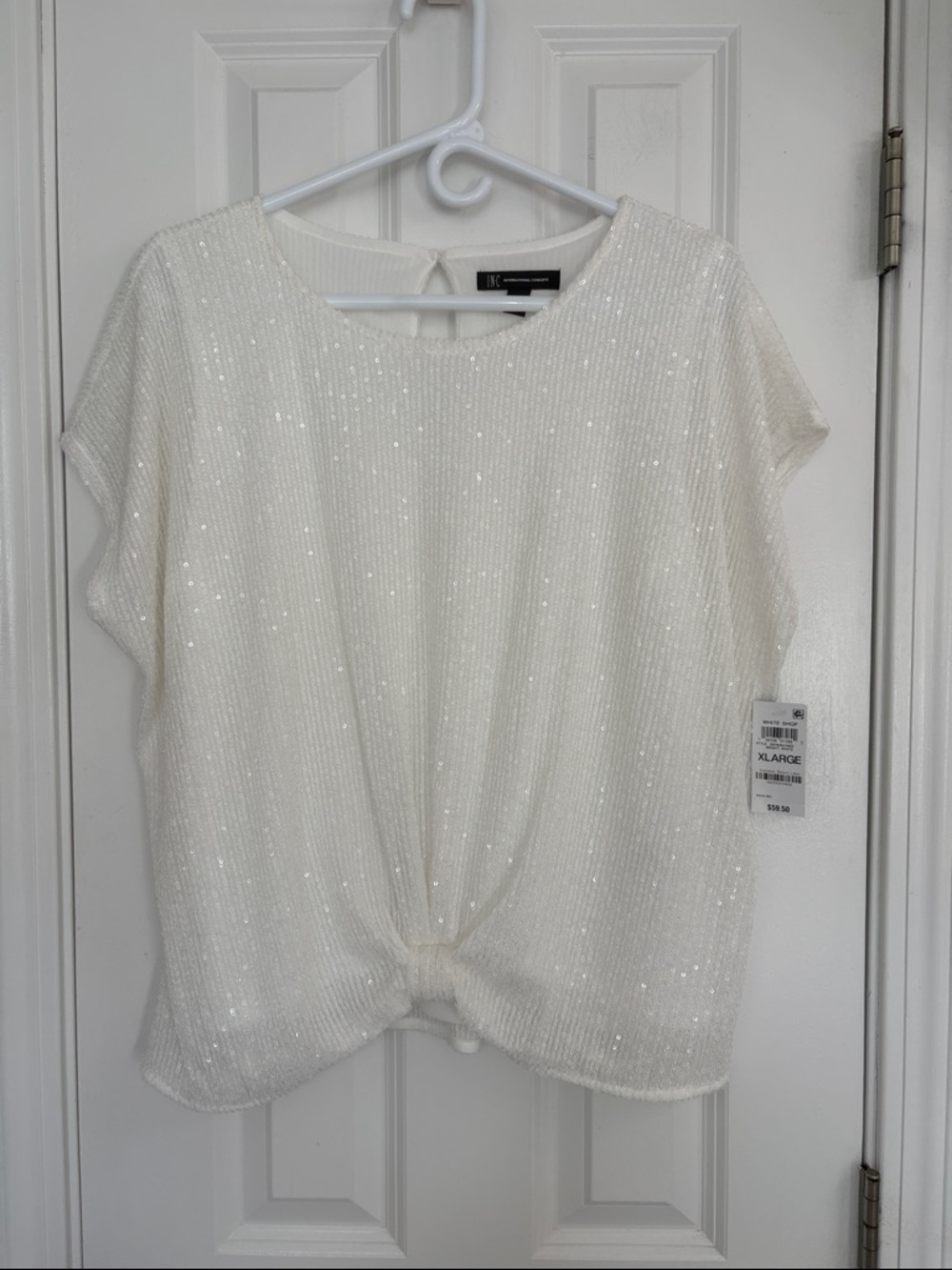 INC International Concepts Ivory Sequin Twist-Front Short Sleeve Top